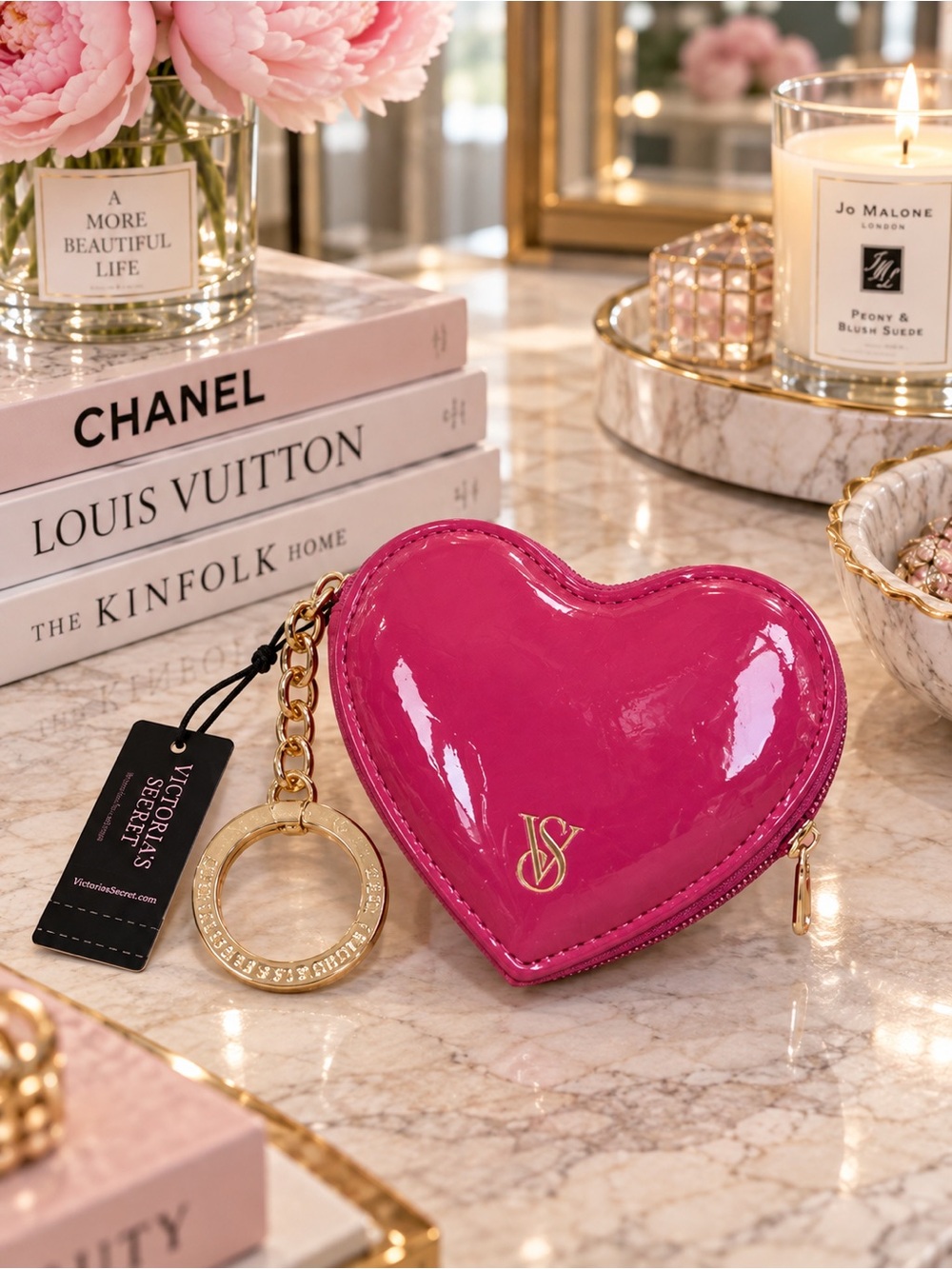 Victoria’s Secret Hot Pink Patent Heart Pouch Keychain Bag Charm NWT
